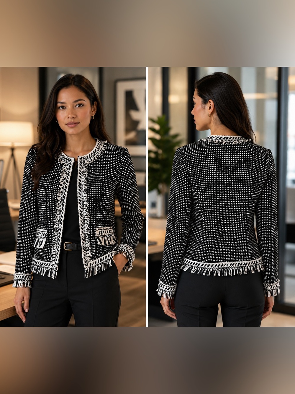ST. JOHN Black White Fringe Trim Knit Jacket Wool Blend Open Front Career M - Picture 14 of 14